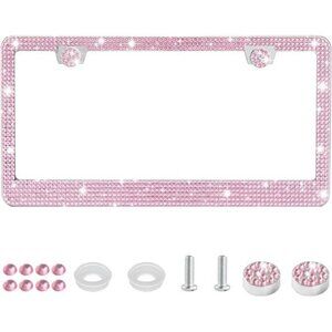 Bling License Plate Frame Rhinestone Crystal Stainless Steel Sparkle Pink
